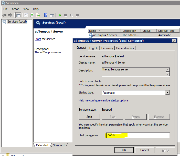 screen capture showing how to set service start parameters