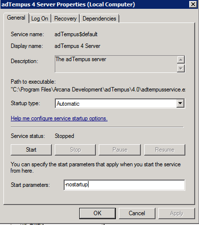 illustration of "-nostartup" Start parameter for service